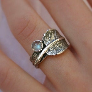 Sage and Moonstone...Sage Leaf Ring with Rainbow Moonstone...Engagement Ring Wedding Band Promise Ring image 5