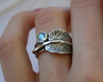 Sage and Moonstone...Sage Leaf Ring with Rainbow Moonstone...Engagement Ring Wedding Band Promise Ring