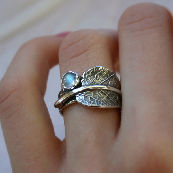 Sage and Moonstone...Sage Leaf Ring with Rainbow Moonstone...Engagement Ring Wedding Band Promise Ring