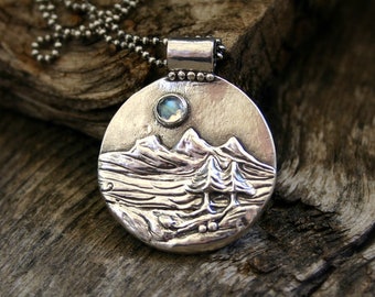 Calling the Moon Necklace, Sterling Silver and Rainbow Moonstone or Labradorite Pendant with Mountains, River, Forest