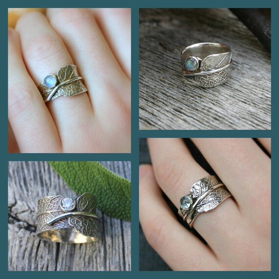 Sage Leaf Ring, Sterling Silver, Cubic Zirconia, Alternate