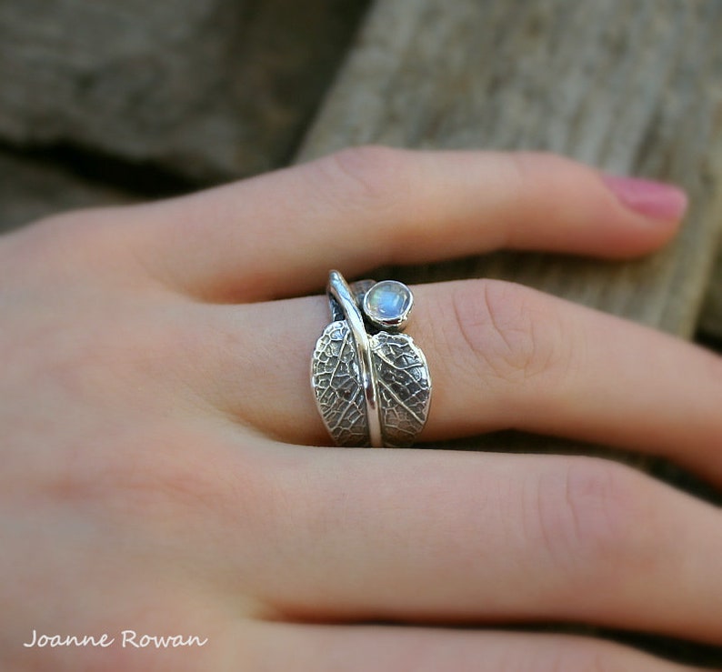 Sage and Moonstone...Sage Leaf Ring with Rainbow Moonstone...Engagement Ring Wedding Band Promise Ring image 4