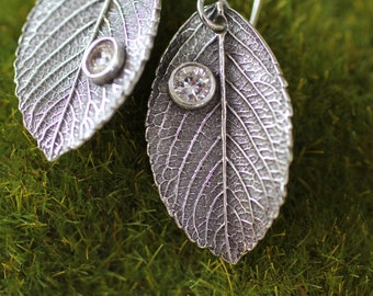 Rose Leaf Earrings, hand sculpted from genuine rose leaves in sterling silver
