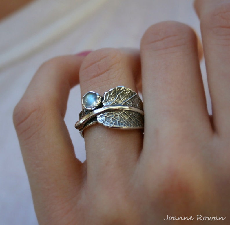 Sage and Moonstone...Sage Leaf Ring with Rainbow Moonstone...Engagement Ring Wedding Band Promise Ring image 1