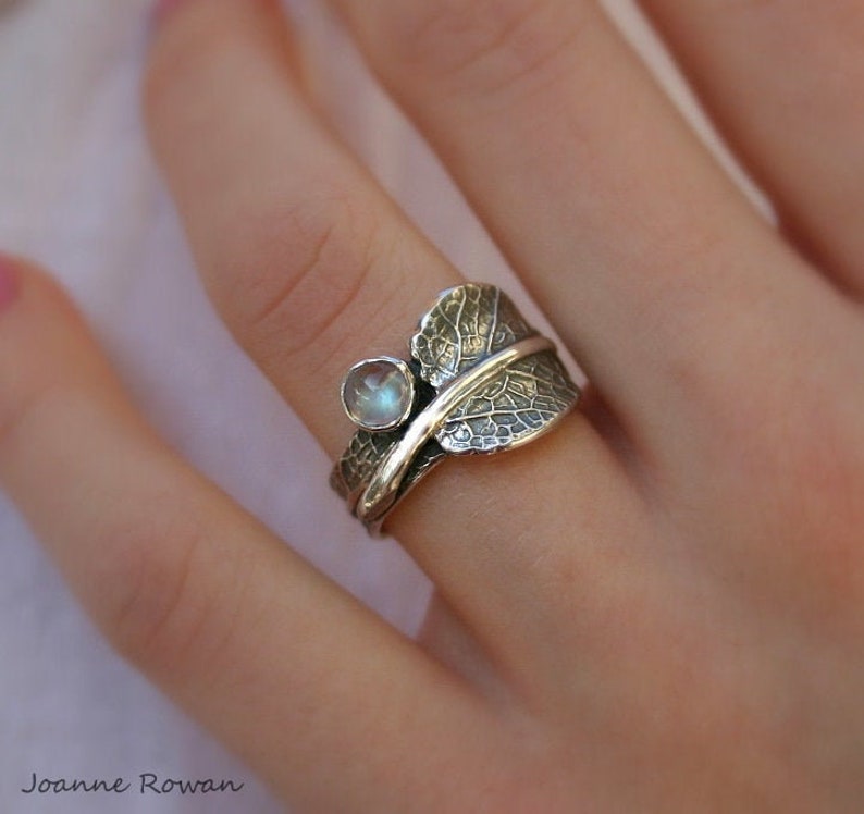 Sage and Moonstone...Sage Leaf Ring with Rainbow Moonstone...Engagement Ring Wedding Band Promise Ring image 5