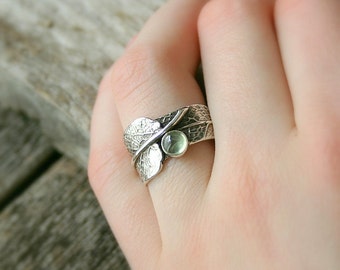 Sage Green...Sage Leaf Ring with Prehnite....Engagement Ring Wedding Band Promise Ring