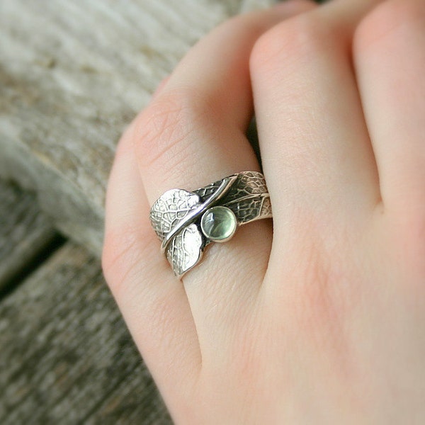 Sage Green...Sage Leaf Ring with Prehnite....Engagement Ring Wedding Band Promise Ring