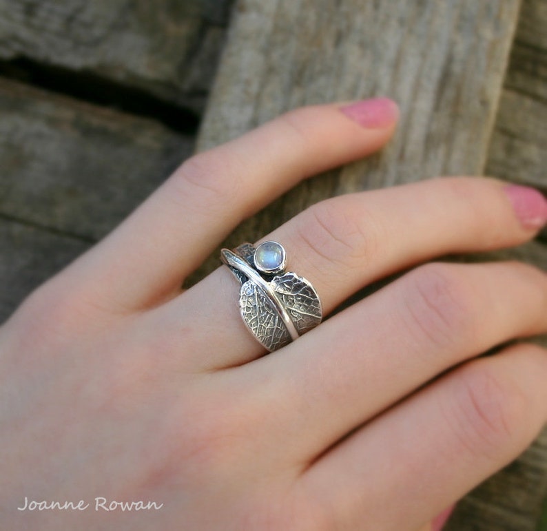 Sage and Moonstone...Sage Leaf Ring with Rainbow Moonstone...Engagement Ring Wedding Band Promise Ring image 3