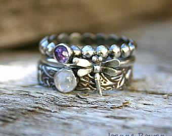 Mini Dragonfly Stack...Set of Three Stacking Rings in Sterling Silver with Rainbow Moonstone and Rose Cut Amethyst Gemstones