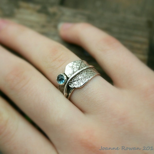 London Blue....Sage Leaf Ring with London Blue Topaz...Engagement Ring Wedding Band Promise Ring