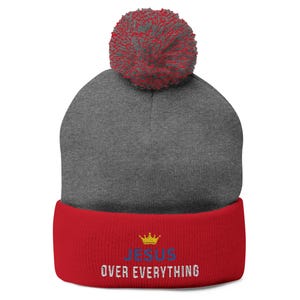 Cozy Pom-Pom Knit Cap, Inspirational Beanie, Winter Hat, Gift for Him/Her, Jesus Over Everything Embroidered