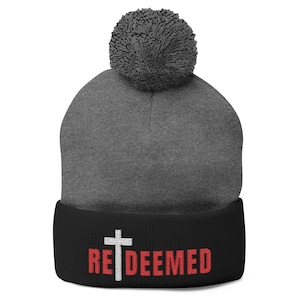Redeemed Pom-Pom Knit Cap, Inspirational Headwear, Embroidered Cap, Cozy Winter Religious Beanie, Faith-Based Holiday Gift, Cute Knitted Hat
