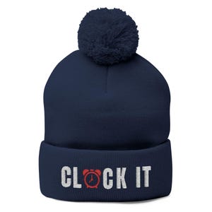 Cozy Pom-Pom Knit Cap with &#39;CLOCK IT&#39; Embroidery | Seasonal Winter Accessory, Gift for Him/Her, Trendy Beanie, Chill Vibes, Cheeky Saying