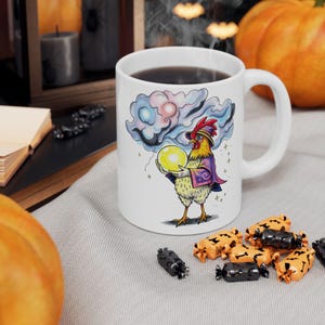 Fortune Teller Mug, Chicken Tarot Card Reader Cup, Ceramic Tea Cup, Coffee Mug, Quirky Kitchen Decor, Holiday Birthday Gift for Animal Lover