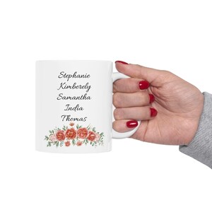 Personalized Floral Ceramic Mug: Red Flower Golden Frame, Mom Grandmother Gift