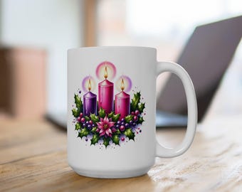Advent Wreath Ceramic Mug, Christmas Coffee Cup, Holiday Tea Mug, Festive Hot Cocoa Mug, Winter Drinkware, Christian Gift