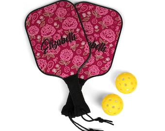 Personalized Pink Peony Pickleball Paddle Set for Women | Custom Name Preppy Floral Paddles | Cute Pickleball Gift for Her with Balls & Bag