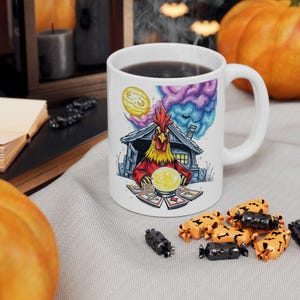 Ceramic Halloween Mug, Fortune Teller Chicken Crystal Ball Tarot Cards, Mystic Coffee Cup, Tea Lover Gift, Witchy Kitchen Decor, Magic Mug