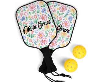 Personalized Floral Pickleball Paddle Set for Women | Custom Name Wildflower Pickleball Paddles | Colorful Pickleball Gift with Balls & Bag