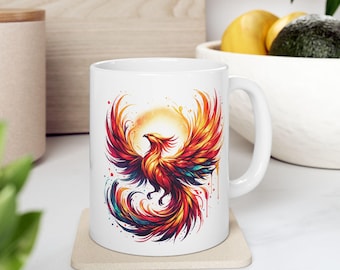Phoenix Ceramic Mug, Vibrant Red Orange Gold Feathers Coffee Cup, Tea Mug, Gift for Phoenix Lovers, Firebird Art Mug, Mythical
