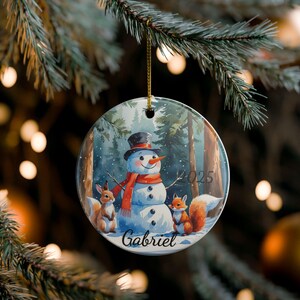 Personalized Snowman & Foxes Ceramic Ornament: Holiday Christmas Decor