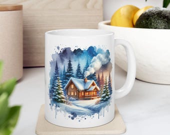 Ceramic Mug, Winter Cabin Scene Coffee Cup, Forest Log Cabin Mug, Snowy Cabin Mug, Christmas Mug Holiday Gift, Cozy Cabin Decor, 11oz 15oz