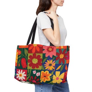 Floral Patchwork Weekender Tote Bag, Boho Flower Print Beach Bag, Large Canvas Carryall, Travel Shoulder Bag, Grocery Shopping Tote,