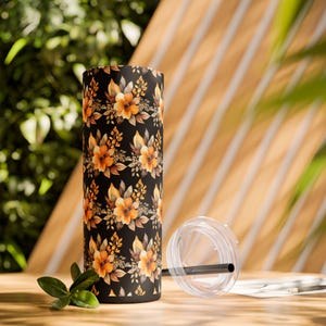 Orange Flower Retro Floral Tumbler, 20oz with Lid, Gift for Her, Bridesmaid Gift, Wedding Favor, Drinkware, Reusable Cup, Eco-Friendly