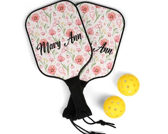 Personalized Pickleball Paddle Set for Women | Custom Name Pink Poppy Floral Paddles | Preppy Pickleball Gift for Her with Balls & Bag