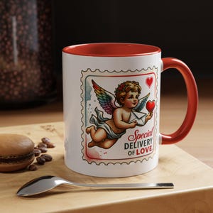 Caneca de amor, entrega especial, design de cartão postal vintage, dia dos namorados, presente de aniversário, cupido, carta de coração, xícara de café de cerâmica com detalhes