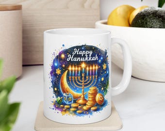 Hanukkah Ceramic Coffee Mug: Menorah, Dreidels, Gold Coins