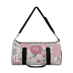 Whimsical Floral Duffel Bag, Pink Lavender Mint Green Patchwork Design, Gym Travel Luggage Tote, Weekend Overnight Carry-On, Sports Yoga Bag