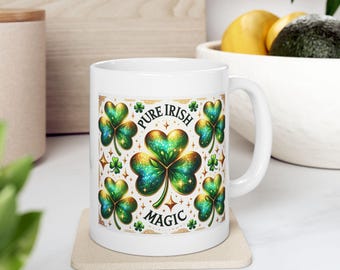 Shamrock Ceramic Mug, St. Patrick&#39;s Day Coffee Cup, Green and Gold Irish Mug, Lucky Charm Tea Mug, Drinkware Gift, Saint Paddy&#39;s Cup