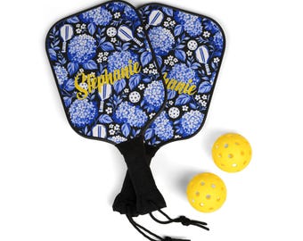 Personalized Blue Hydrangea Pickleball Paddle Set | Custom Name Floral Pickleball Paddles for Women | Pickleball Gift with Balls & Bag