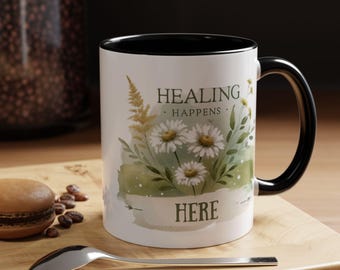 Cancer Support Mug, Healing Happens Here, Daisy Mug, Inspirational Mug, Gift for Cancer Patient, Coffee Cup, Chemotherapy Gift, Cancer