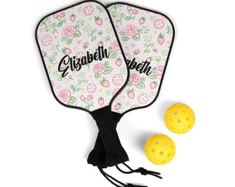 Personalized Pickleball Paddle Set for Women | Custom Name Pink Rose Strawberry Paddles | Coquette Floral Pickleball Gift with Balls & Bag