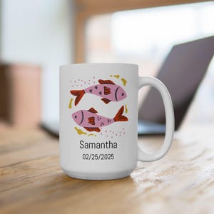 Personalized Pisces Zodiac Ceramic Mug, Two Fish Swimming Coffee Cup, Astrology Horoscope Tea Mug, Pisces Birthday Gift, Fish Lover Mug