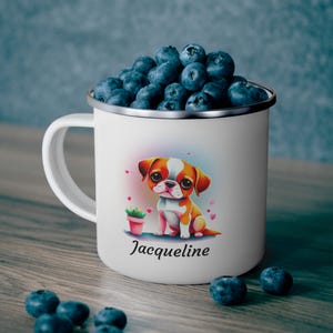Taza de camping personalizada, bonita taza de fogata para niñas con diseño de cachorro, taza de esmalte personalizada, regalo de aventura al aire libre para ella o para él, amantes de los animales