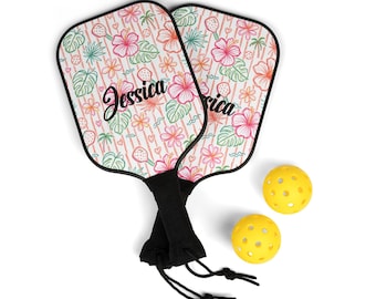 Personalized Pickleball Paddle Set for Women | Custom Name Tropical Hibiscus Floral Paddles | Pink Preppy Pickleball Gift with Balls & Bag