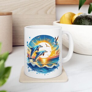 Ceramiczny kubek Dolphin Sunset, filiżanka do kawy Ocean Waves, kubek do herbaty Sea Gulls, naczynia do picia Beach Sunset, prezent dla miłośnika delfinów, wystrój kuchni w stylu nadmorskim