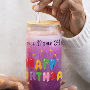 Personalized Bold Happy Birthday Sipper Glass, 16oz Tumbler with Straw and Lid, Party Elements Design, Custom Gift Idea, Celebration Cup