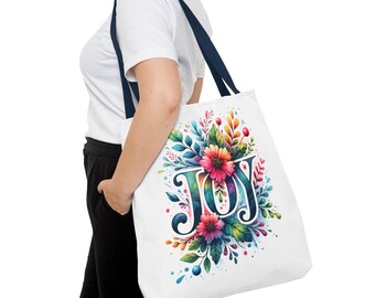 Joy Floral Tote Bag, Religious Gift for Believers, Colorful Garden Carryall, Christian Faith Handbag, Inspirational Shopping Tote, Happy