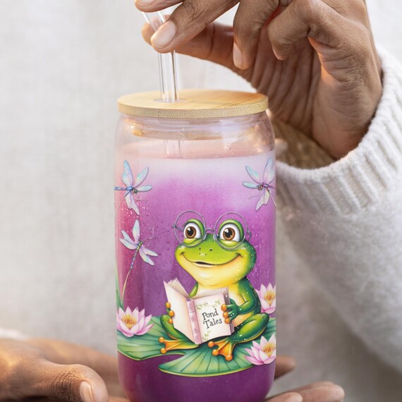 Reading Frog Lotus Glass Sipper: Nature Lover Gift