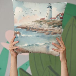Coastal Lighthouse Pillow, Nautical Throw Cushion, Beach Home Decor, Ocean View Accent Pillow, Seagull Square Pillow