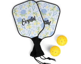 Personalized Pickleball Paddle Set | Custom Name Blue Hydrangea Lemon Floral Paddles for Women | Preppy Pickleball Gift with Balls & Bag