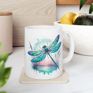 Dragonfly Ceramic Mug, Shimmering Wings Blue Teal Watercolor Design, Nature Lover Gift, Coffee Cup, Tea Mug, Unique Kitchen Decor, Mother's