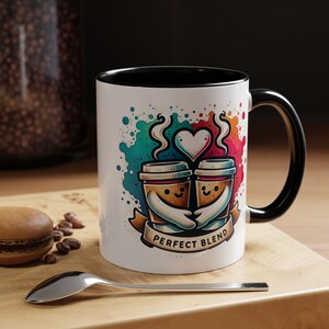 Love Coffee Mug, Perfect Blend Cartoon Cups Holding Hands, Valentine's Day Anniversary Gift, 11oz, 15oz, Steam Heart Design