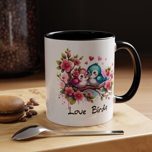 Love Birds Coffee Mug, Valentine&#39;s Day Anniversary Gift, 11oz 15oz Ceramic Tea Cup, Kitchen Decor, Pink Blossoms, Romantic Couple