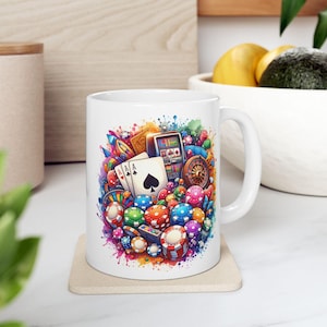 Casino Ceramic Mug: Colorful Poker Collage, Gift for Gamblers
