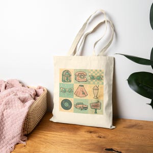 Vintage-Inspired Canvas Tote Bag, Fabulous Fifties Grid Eco-Friendly Shopping Bag, 1950s Retro Design, Beach Tote, Everyday Carryall